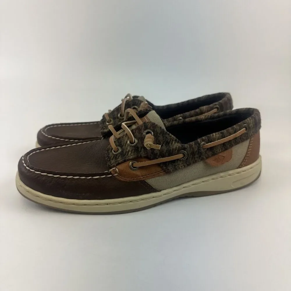 Sperry Boat Shoe Flat Loafer Brown Pebbled Leather Plaid Memory Foam Womens 8.5